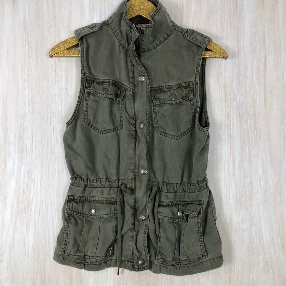 Max Jeans Olive Green Tencel Anorak Military Utility Cargo Sleeveless Vest XS